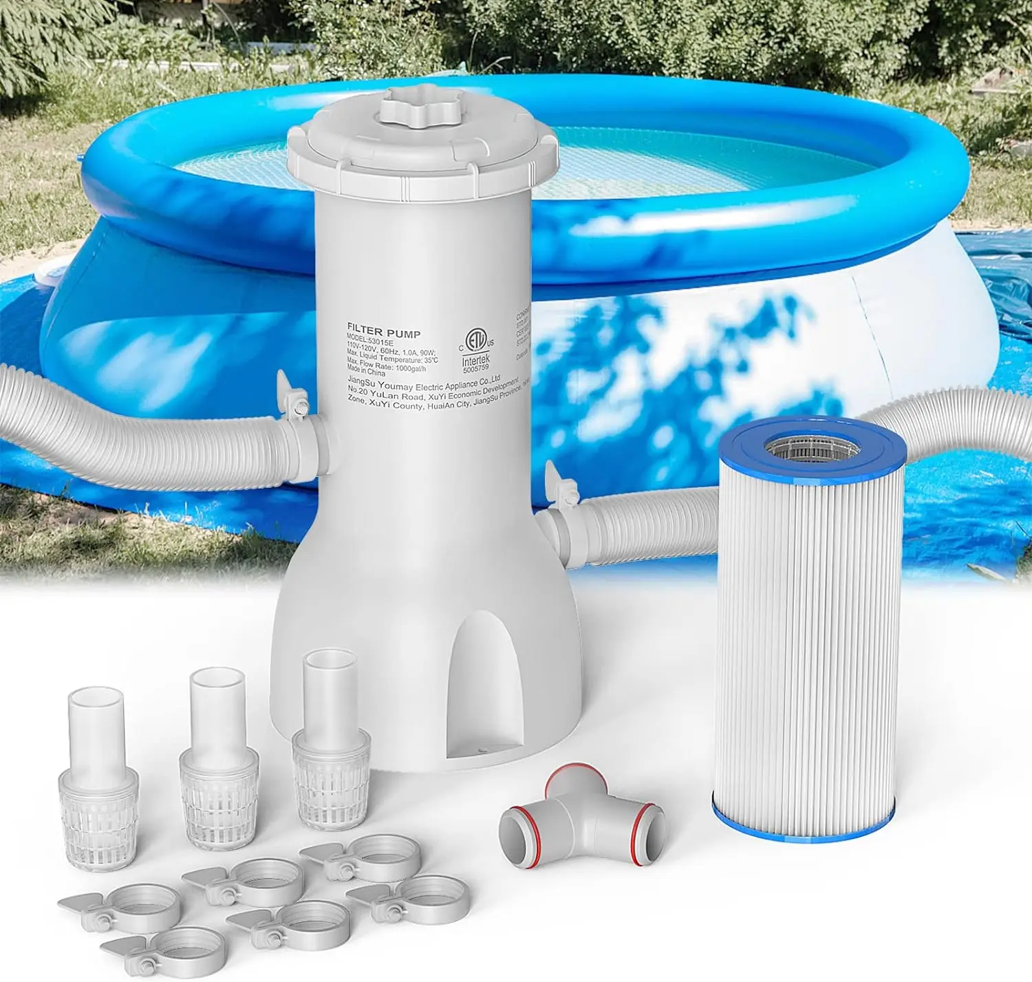 1000 Gallons Pool Filter Pump Above Ground, Swimming Pool Filter Cartridge Pump, Electric Pool Water Pump Filter for Pools Sand Cleaning Tool Set with 1 Pool Filter Cartridge (1000 GPH)