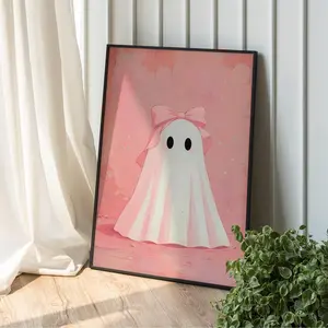 Trendy Spooky Poster, Coquette Preppy Ghost Printable Wall Art, Girly Halloween Print, Halloween Decor,  Cute Ghost With Pink Bow