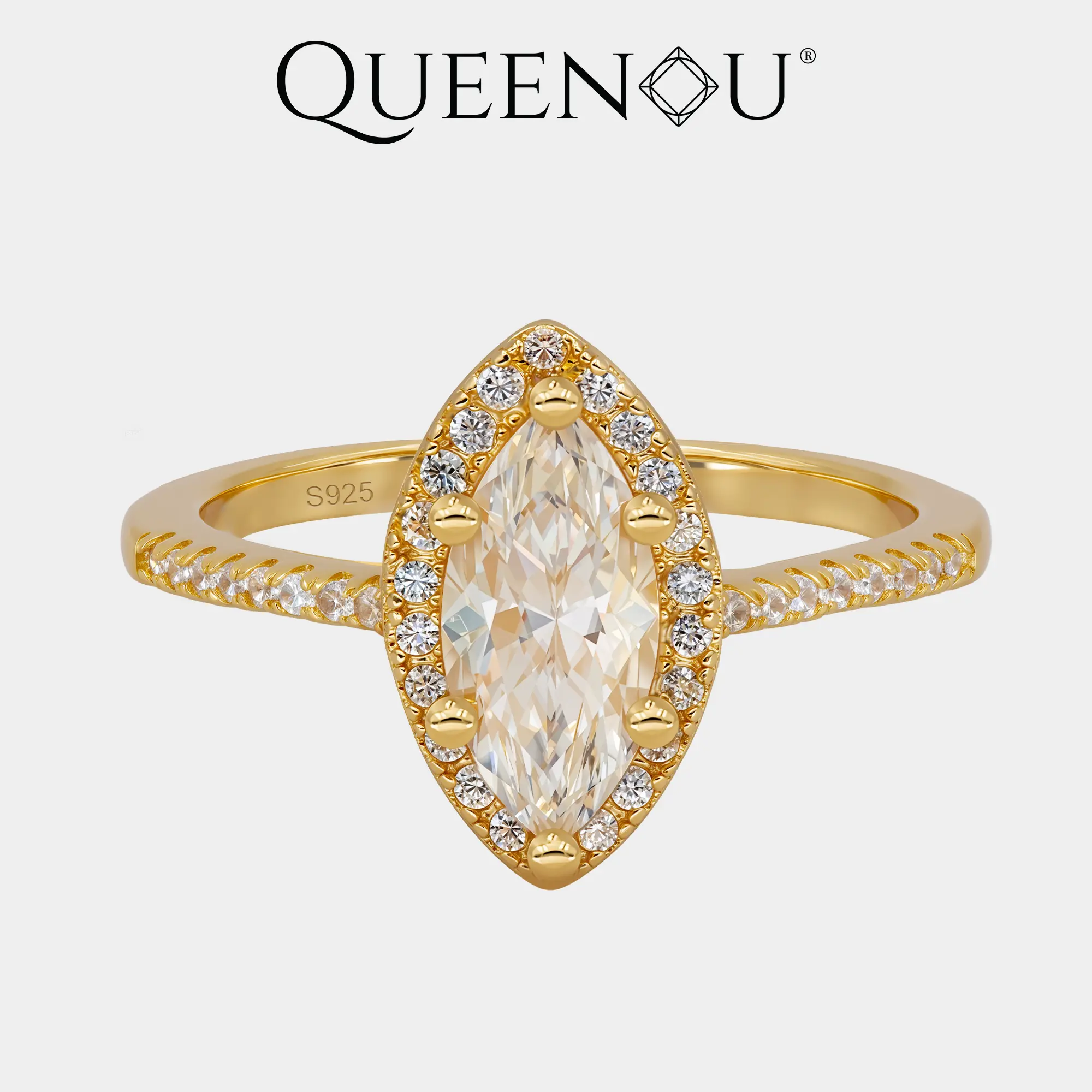 【975】Synthetic Moissanite Ring | 1CT Marquise Cut with Zirconia Halo & Pavé Band | 6-Prong Setting Elegant Jewelry