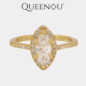 【975】Synthetic Moissanite Ring | 1CT Marquise Cut with Zirconia Halo & Pavé Band | 6-Prong Setting Elegant Jewelry