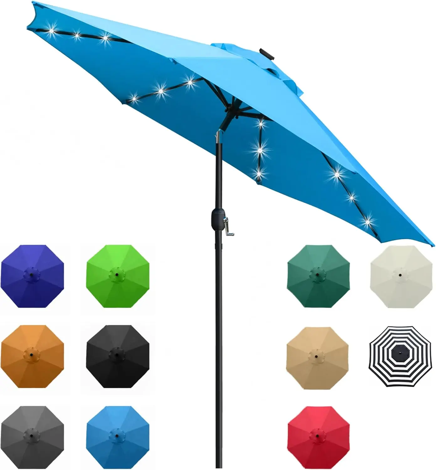 9-ft Diameter Solar LED Lighted Patio Umbrella - 8-Rib Adjustment, Crank Lift System, Strap, Multiple Settings, Water-Repellent Top, Wide 48-in Shade (Without Base) for Backyard, Garden