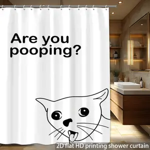 Funny Pooping Cat Shower Curtain with Hooks - "Are You Pooping?" Bathroom Decor, Lightweight Polyester, No-Drill Installation, Machine Washable, All-season Humorous Bathroom Decoration, Bathroom Decorations