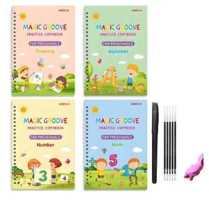 Magic Practice Copybook, Reusable Writing Magic Book, Grooved Handwriting Workbooks for Preschool Kids Age 3-8 ​Calligraphy (4 Books with Pens)