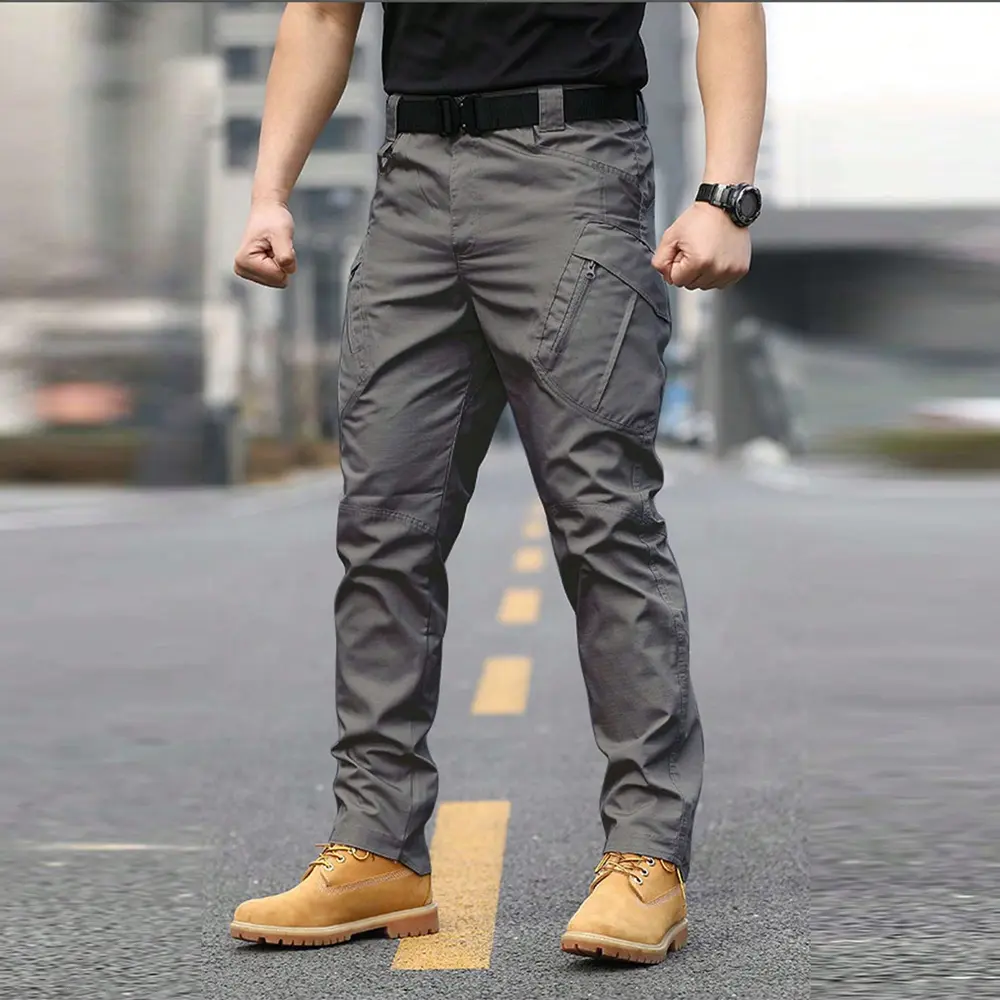 Men’s combat pants, heavy-duty work pants, mid-rise pull-on design with pockets, durable breathable polyester fabric, solid beige for all seasons, large zippers, suitable for hiking and construction work, casual outdoor long pants, combat pants