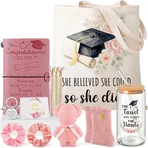 12 Pcs 2026 Graduation Gifts Basket for Her Pink Congratulations Basket Gift Box for Grad 16oz Cup with Straw and Lid Canvas Bag Notebook Ballpoint Pens Keychain Card and Set