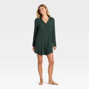 Women's Cozy Ribbed Notch Collar Nightgown - Auden Green XS