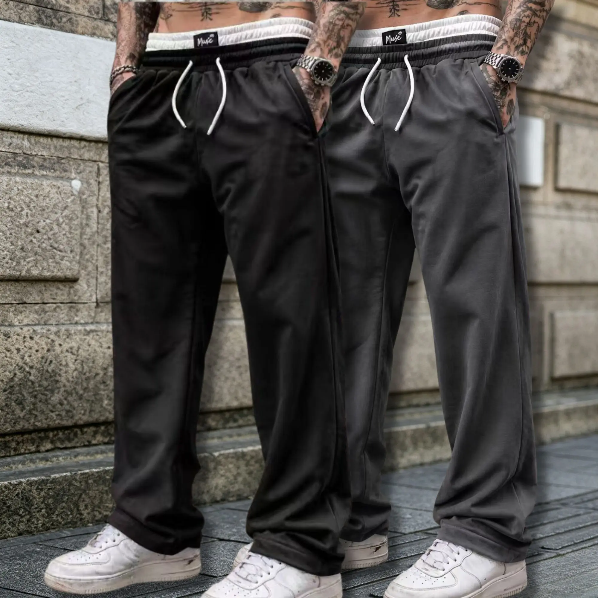 Men’s 2-pack American-style double-layer color-blocked straight-leg sweatpants with a high-street drape and wide legs, athletic long streetwear casual pants