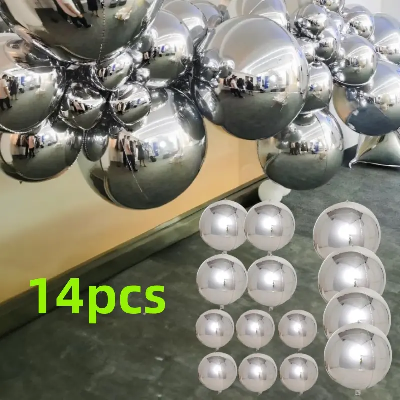 14pcs 3 size Silvery Mylar Balloons Kit, Round Foil Balloon, Mirror Metallic Balloons for Birthday, Party, Wedding, Celebration, Graduation, Reveal Supplies