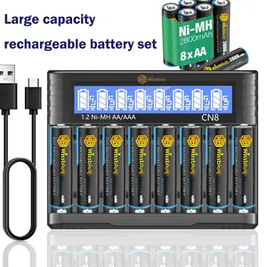 2800mah/1100mah Rechargeable AA/AAA Batteries, Smart 8-Slot Charger, High Capacity Low Self-Discharge Nimh, Includes Charger