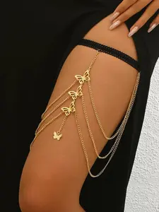 Sexy Butterfly Lace Thigh Chain, Elastic Multi-Layer Long Leg Chain, Boho Style Body Chain for Beach and Nightclub