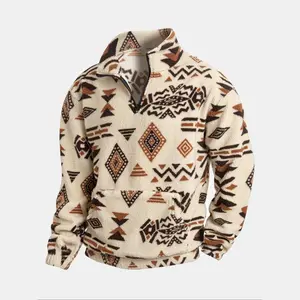 Men's flannel ethnic print hoodie, quarter zip sports sweatshirt, collar fleece casual jacket, high neck half zip pullover with pockets, stylish men's autumn winter warm casual sports wear, geometric pattern