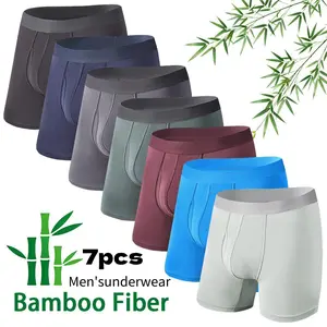7pcs Men's bamboo fiber underwear set, suitable for sports and fitness activities. Features breathable, split-leg boxer briefs with pockets, moisture-wicking properties, a mid-rise design, and is comfortable for all seasons. Makes a great holiday gift.