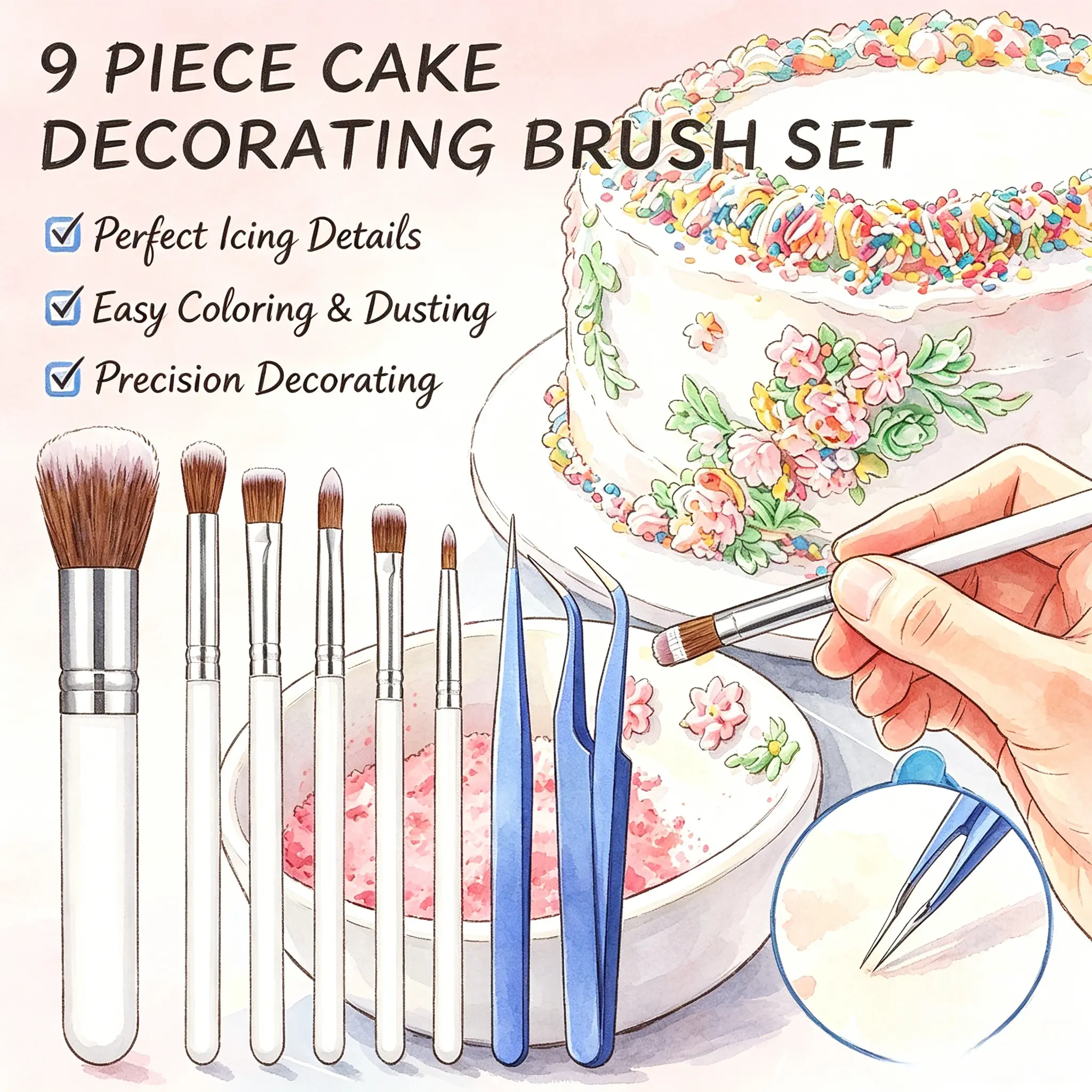 9Pcs Bright Plastic Fiber Head Bakery Brush Set - Stainless Steel Straight Tips & Curved Tip Tweezers, 5.5–6.7 Inches Cake Decorating Tools for Kid's Birthday Cookies, Fondant, Perfect Icing Details, Buttercream Cake Sculpting & Modeling Tools, Cute Color
