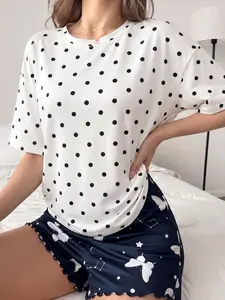 Retro Polka Dot Print Tee Women's White Short Sleeve With Black Dots Casual Top Aesthetic, Retro-Inspired, Chic Minimalist, Versatile, Loose Fit, Casual, Womenswear