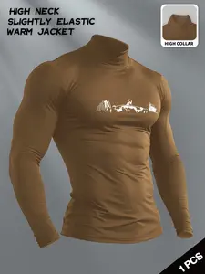 Men's High Neck Compression Thermal Top - Slim Fit Slightly Elastic Base Layer with Weightlifting & Muscle Growth Graphic, Warm Long Sleeve Shirt for Gym, Weight Training, Outdoor Activities & Daily Wear, Versatile Athletic Undershirt for Fitness Enthusia