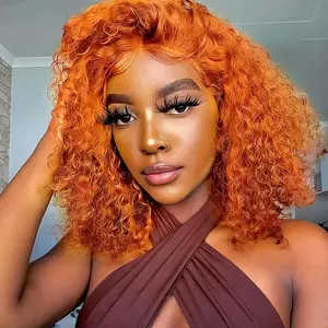 Curly BOB Wig Human Hair 180 Density 13x4 HD Lace Closure Deep Wave Wigs for Black Women Glueless Wear and Go Pre Plucked Deep Wave Wet and Wavy Glueless Wigs Human Hair Ginger 16 Inch