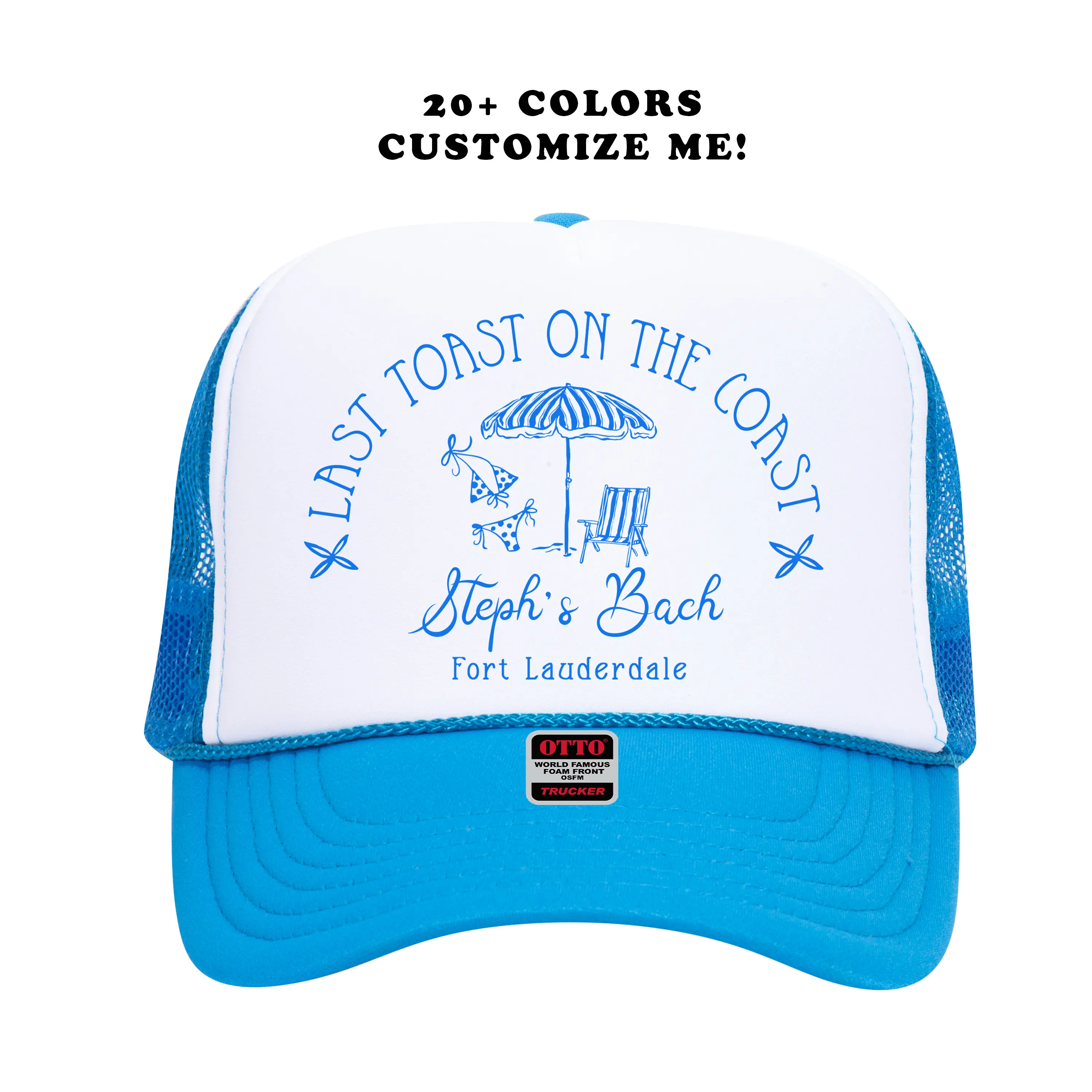 Custom Bachelorette Coastal Party Trucker Hat – Personalized Beach Scene Design | Bikinis and Martinis Last Toast Bridal Party Hats, Bridesmaid Gifts, Beach Bachelorette Weekend Accessories, Matching Group Hats