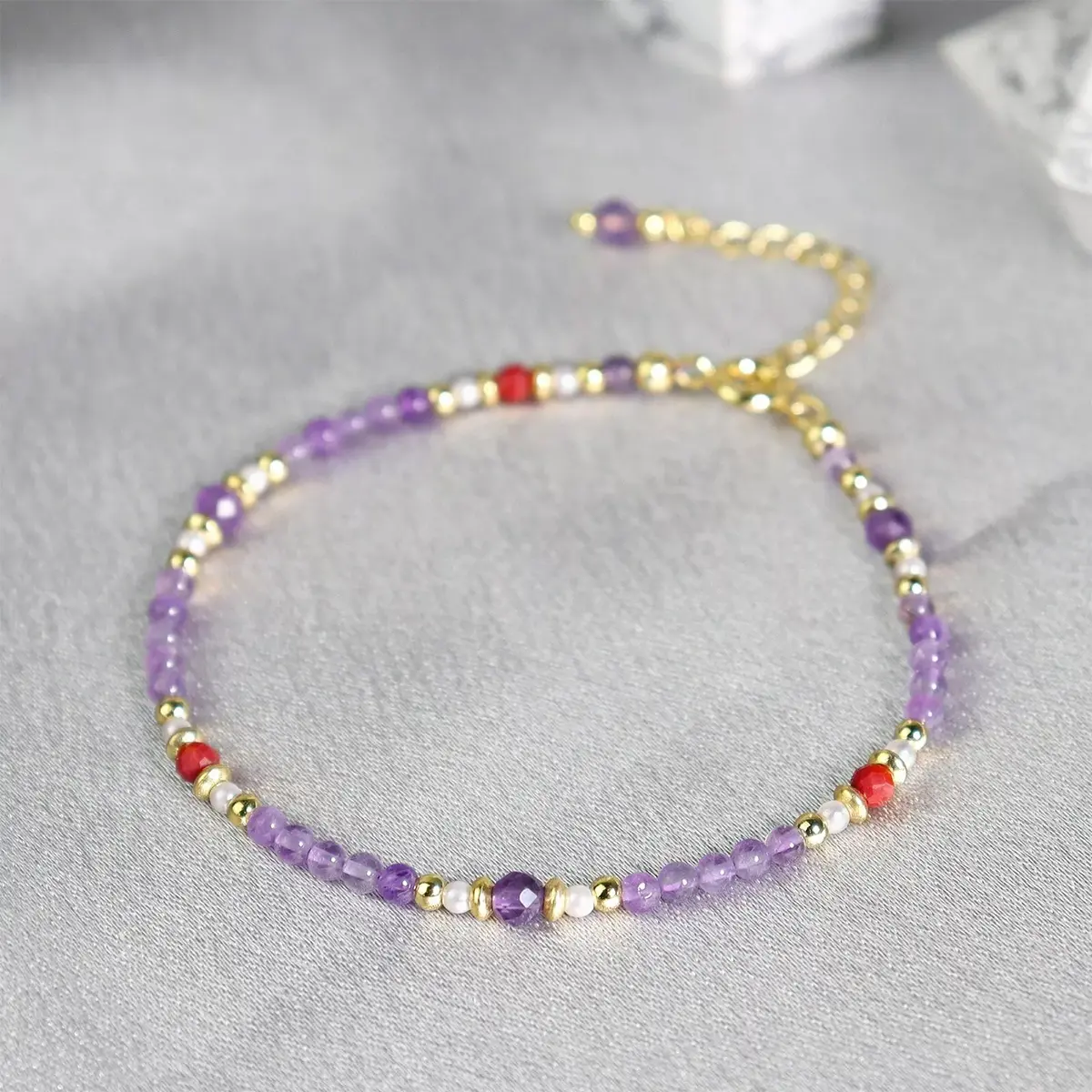 Women's Handmade Beading Healing Crystal Bracelet - Genuine Amethyst & Red Agate Gemstones Adjustable Wrap-Around Bangle for Stress Relief, Emotional Balance, Courage, Daily Wear, Birthday Gift