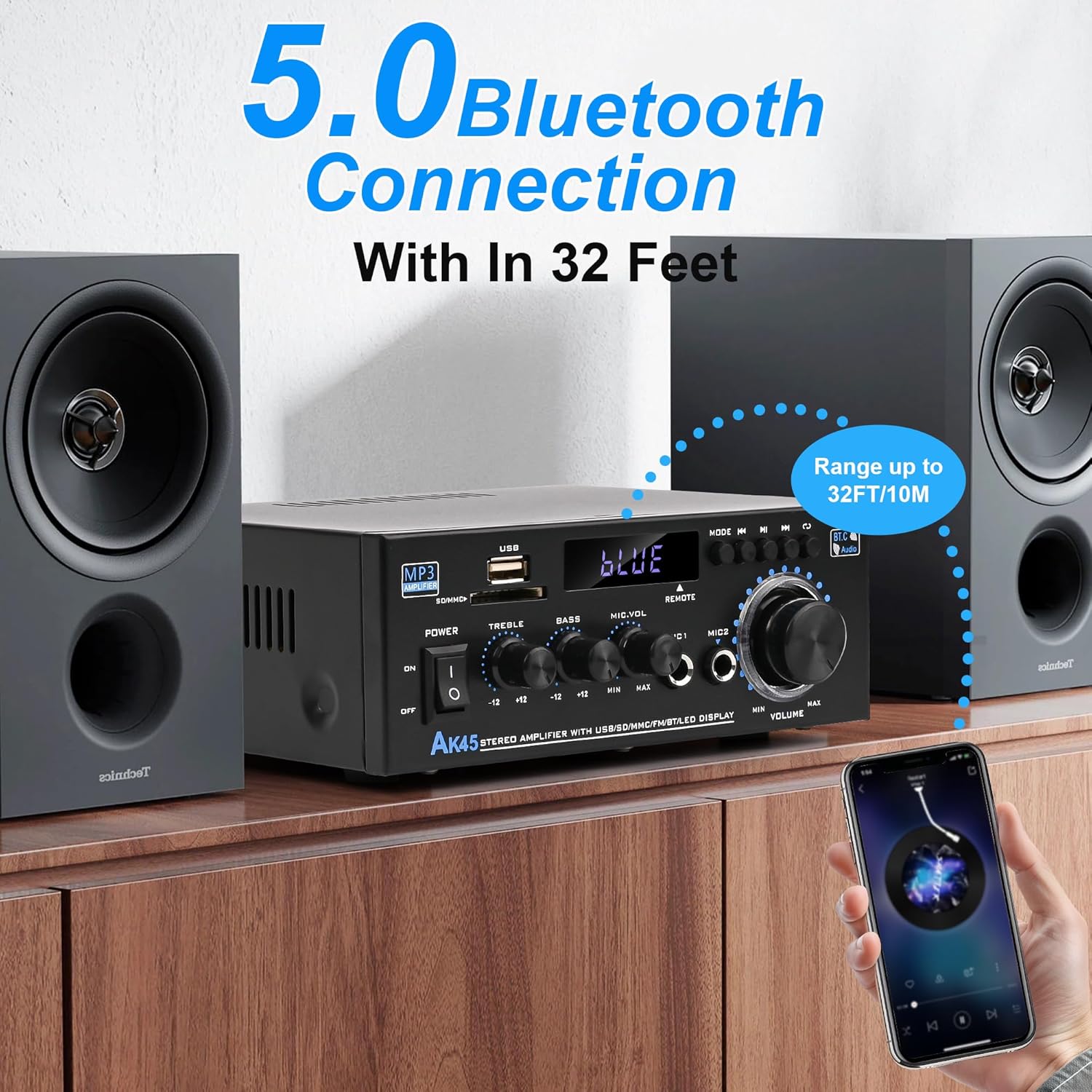 AK45 Stereo Audio Amplifier,300W Home 2 Channel Wireless Bluetooth 5.0 Power Amplifier System, Home Amplifiers FM Radio, USB, SD Card, with Remote Control Home Theater Audio Stereo System