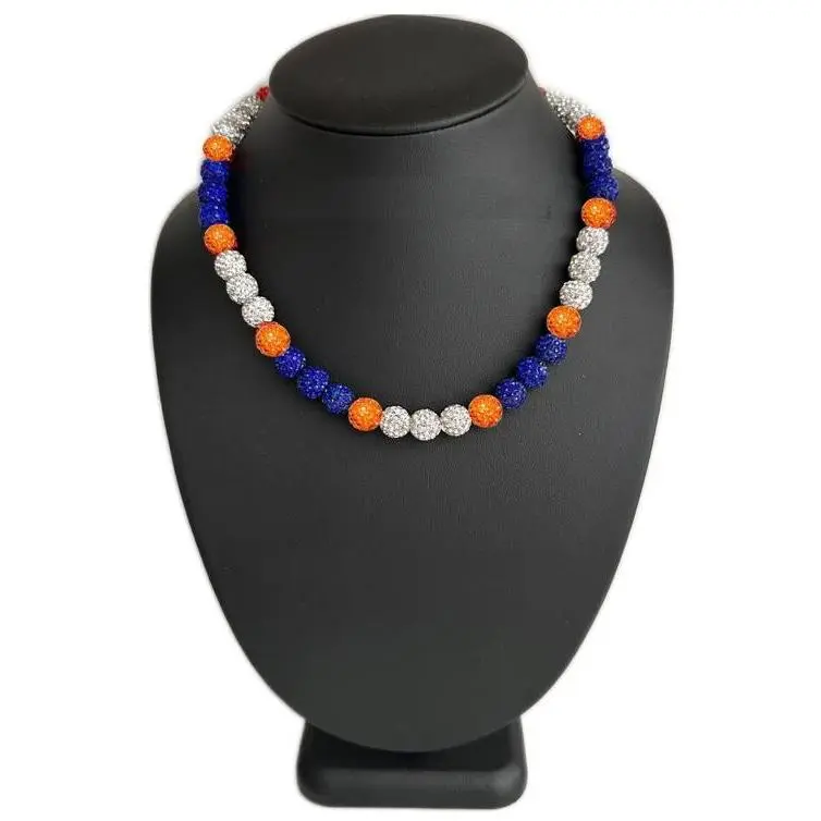 Iced Bling Disco Ball Rhinestone Crystal Bead Baseball Necklace Orange Blue Gators