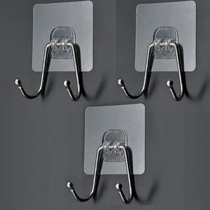 3pcs Large Adhesive Dual Hooks, Wall Hooks For Hanging, 33 Ib Max Heavy Duty Damage-Free Waterproof Sticky Hooks, Double Hanger Hooks For Robe Towel Coat Hooks In Bathroom