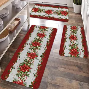 2/3pcs Christmas kitchen carpet floor mat, comfortable and soft flannel floor mat, designed with holly and poinsettia flowers to prevent slipping and dirt, suitable for kitchen, entrance door, laundry room, bathroom, living room, Floral Washable Rug
