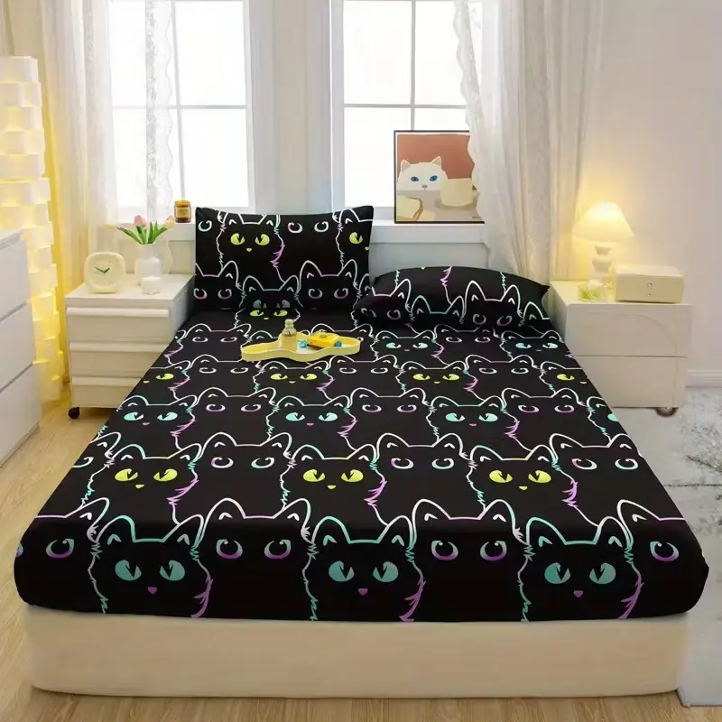 3-Piece Cartoon Cat Print Bedding Set, Soft Comfortable Bedroom Decor, Includes 1 Fitted Sheet and 2 Pillowcases, Dorm Room Essentials, Comfy Bed Sets, Bed Sets Supplies