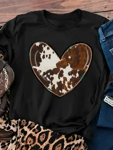 Men's Western Cowgirl Cow Print T-Shirt - Brown & White Cowhide Spot Heart Design, Short Sleeve Round Neck Top, Imitation Shirt for Cow Print Outfits, Wrinkle-Resistant & Machine Washable (Spring Summer Fall)