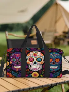 1pc Floral Skull Harmony Travel bag Top Handle, Outdoor Luggage Storage Bag, Travel Luggage Bag, Machine Washable Organizer, Suitable for Yoga Lovers, Fashionable Design