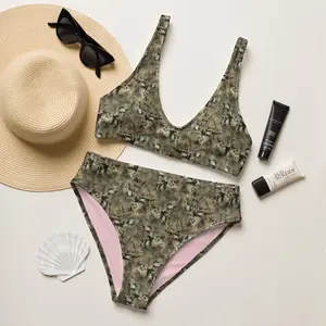 Graphic Camo High-Waisted Bikini, Full Coverage Bikini, Plus Size Bikini, Recycled Swimsuits, Eco-Friendly Bikini, Camoflauge Bikini,