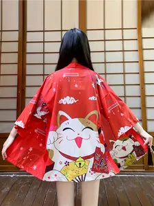 Kimono, Japanese anime Maneki Neko printed cardigan, spring and summer windbreaker, unisex loose half-sleeved shawl light jacket