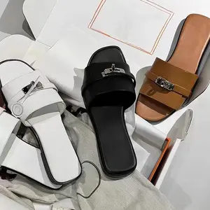 2025 Women's Viral Buckle Slide Sandals - Two-Tone Square Toe Flat Mules |   Fashionable Lock-Detail Summer Slides |   Versatile Dressy Slippers (TikTok Trend) Shoe Walking Shoes slippers women Footwear Girl slippers women