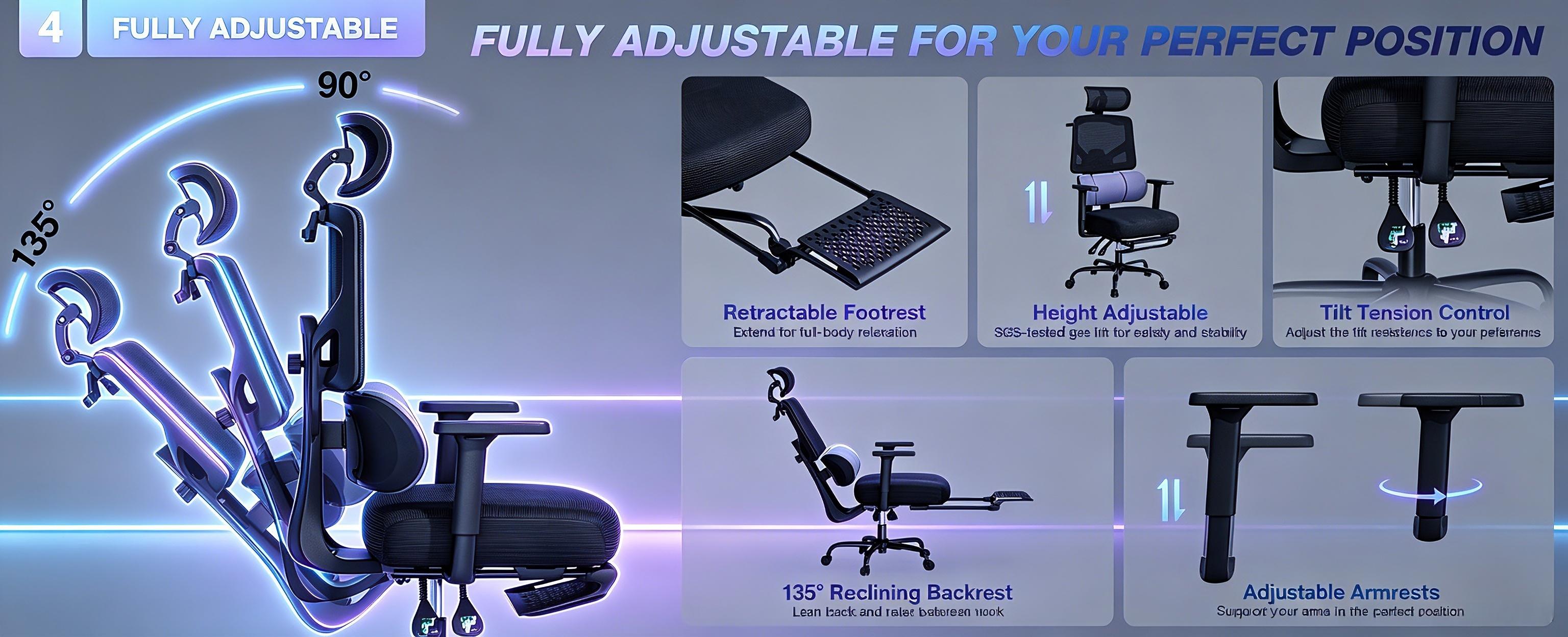 Mr IRONSTONE Ergonomic Office Gaming Chair with Footrest & Adjustable Lumbar Support, High Back Home Desk Chair, 90-135° Tilt Lock and Wide Cushion, Big and Tall Mesh Chairs for Man Woman, Black Task Chair, 400lbs Capacity