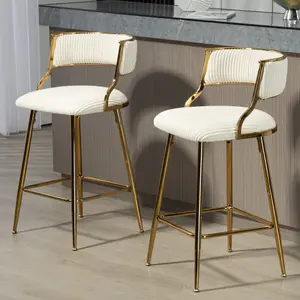 2-Piece Counter Height Corduroy Bar Stools with Back, Golden Chromed Base and Footrest for Kitchen Island
