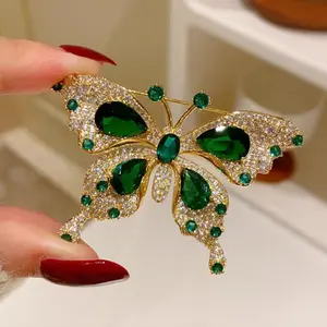 Sparkling Emerald Butterfly Brooch, Elegant Gold Tone Lapel Pin for Wedding Party