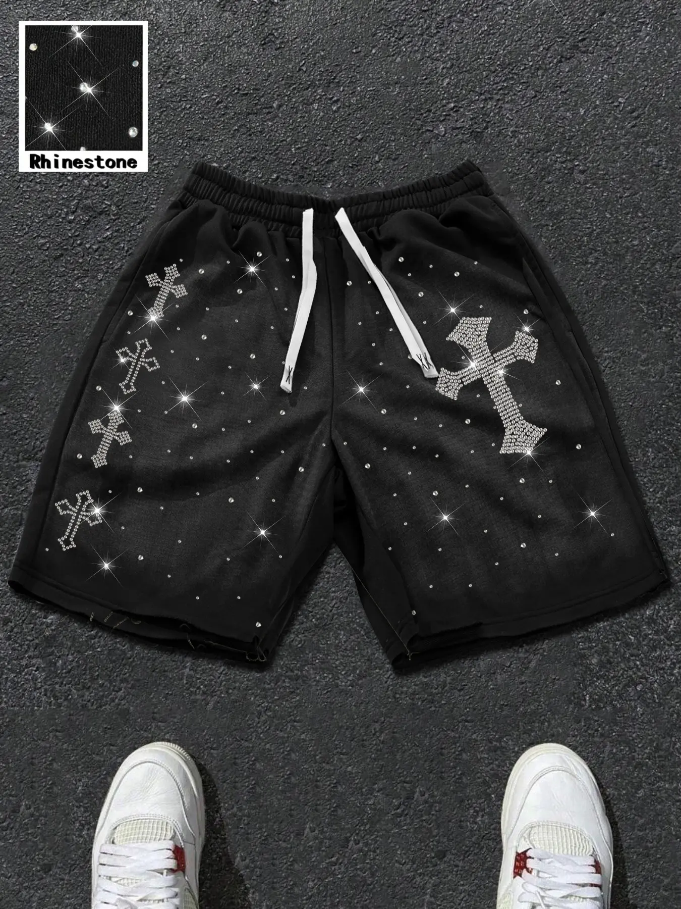 Men's Trendy Rhinestone Pattern Shorts, Elastic Waist Drawstring Pockets, Loose Fit Summer Hip Hop Casual Pants, Streetwear Style, Fashionable Summer Shorts