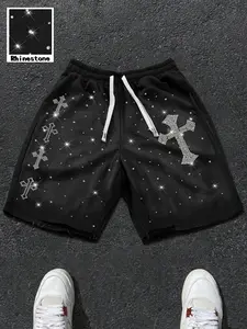 Men's Trendy Rhinestone Pattern Shorts, Elastic Waist Drawstring Pockets, Loose Fit Summer Hip Hop Casual Pants, Streetwear Style, Fashionable Summer Shorts