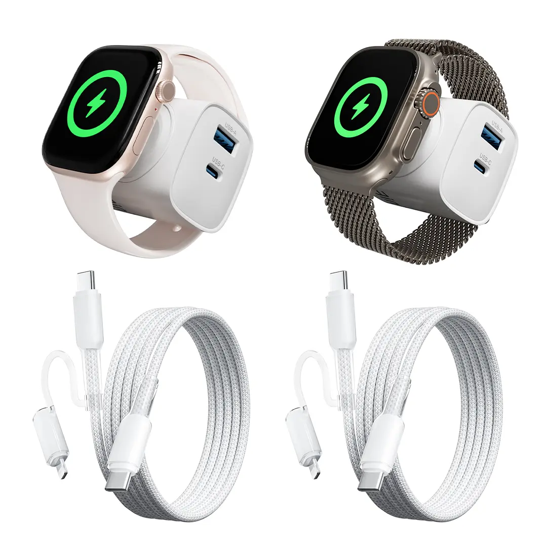 3-in-1 20W Charging Block with Built-in Magnetic Watch Charger, USB-C & USB-A Ports for Phone & Earbuds