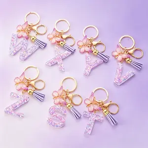 26 Letters Initial Keychain Purple Butterfly Tassel Resin Keychain for Women Glitter Alphabet Letter Pendant Bag Charm Aesthetic Personalized Key Ring for Purse Handbag Backpack Accessories Gift
