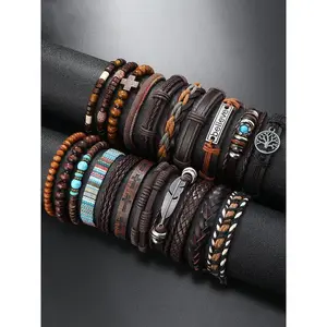 Unisex 21-Piece Braided Bohemian Leather Beaded Bracelet Set - Stackable Streetwear Fashion Costume Jewelry Accessories