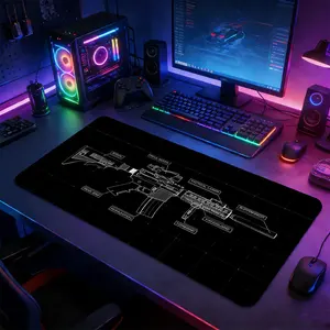 Tactical Gun Blueprint FPS Shooting Game Large Desk Mat, XXL Extended Gaming Mouse Pad,Non-Slip Rubber Base with Stitched Lock Edge, Washable Desktop Pad for Home Office Gaming Setup, Ideal Gift for FPS Gamers & Tactical Shooting Fans
