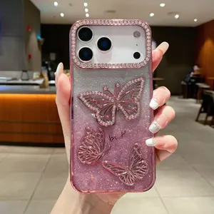 Glitter Case for iPhone 17 Pro Max 16 15 14 13, Cute 3D Butterfly Pattern Plating Bling Case,Camera Protection Sparkly Slim Soft Back Cover for Women Girls