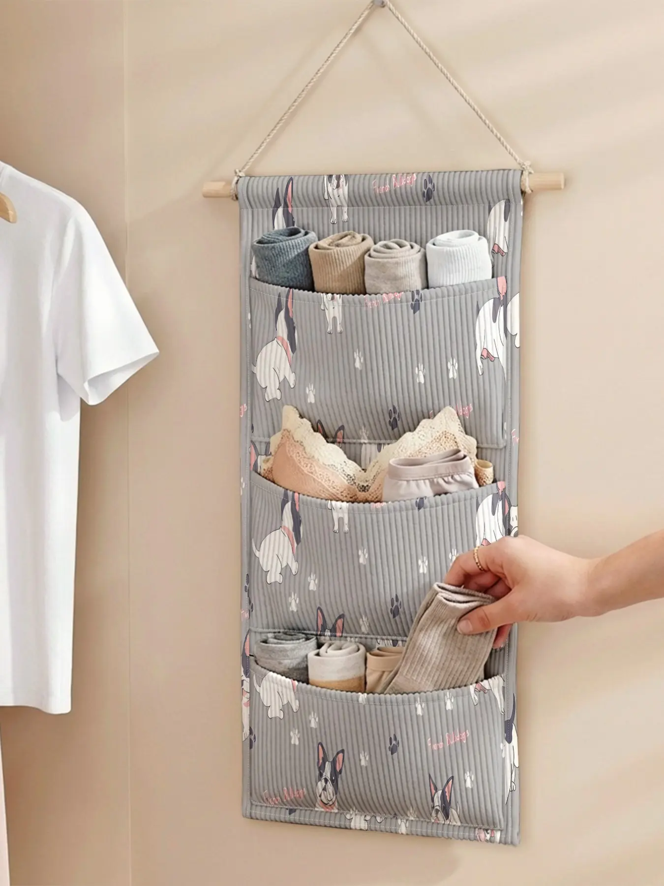 Kitchen Door Hanging Storage Bag, Dog Pattern 2D Print, Three-Layer Multi-Compartment, Organize Kitchen Tools, Spices, Towels, Small Items