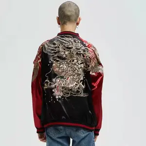 Yokosuka Dragon Embroidered Reversible double-sided Jackets Coats Streetwear Japan Style Sakura Cloud Pockets Long Sleeve