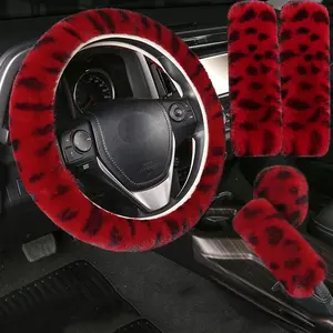 5 count in 1 Set Faux  Steering Wheel Cover Soft  Handbrake Cover & Gear Shift Cover & 2 count Seat Belt  Pads Warm Universal Fit for 15 Inch (L- Red)