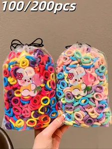 100/200 Pcs Bag Mix Color Children Cute Cartoon Elastic Hair Bands, Baby Girls Lovely Srunchies, Kids Hair Accessories Set, Elastic Hair Accessory
