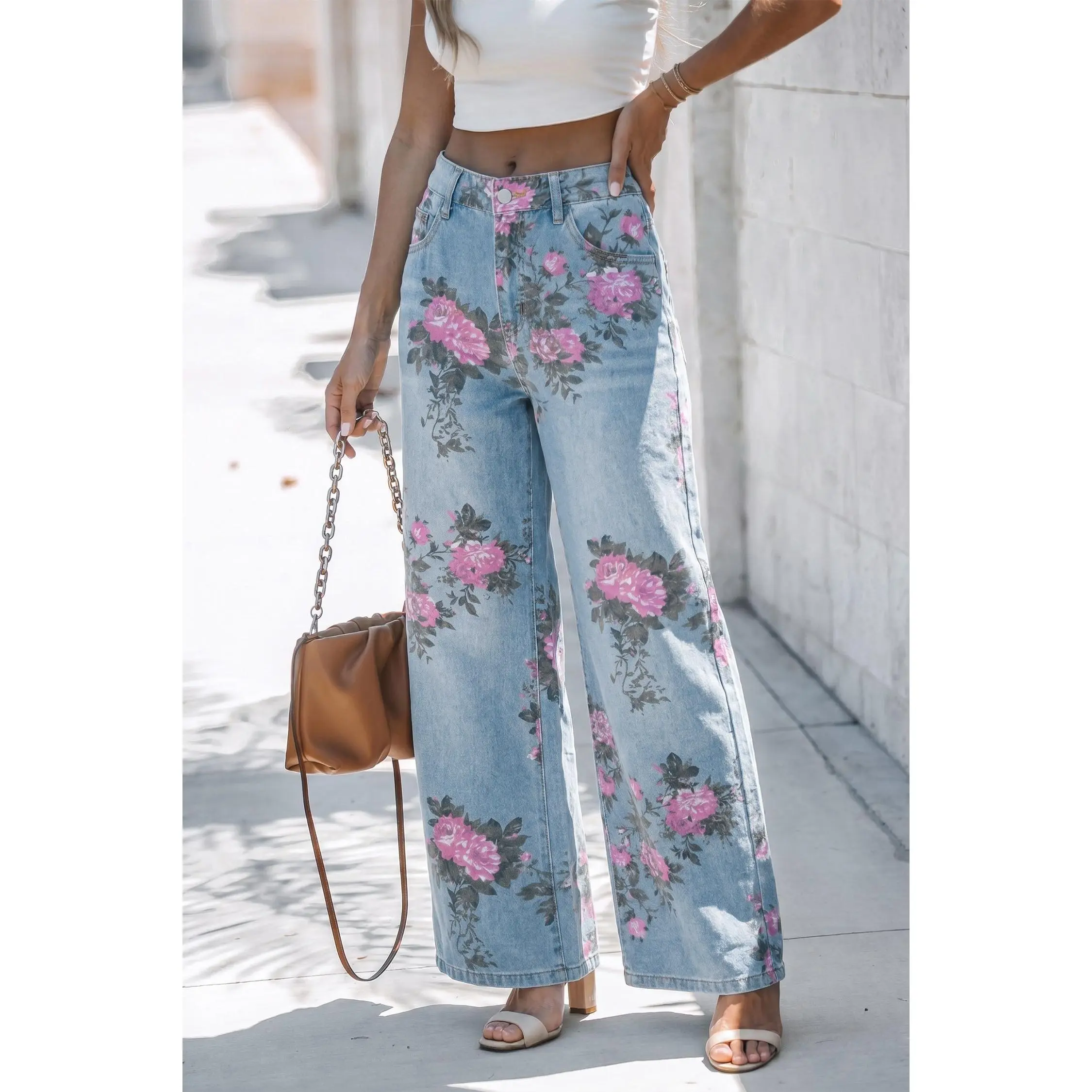 Low Rise Jeans for Women, Vintage Floral Print Bootcut Pants, Loose-Fitting Wide-Leg Cotton Blend Denim for Daily Wear, Multi-Size, Boot-Friendly Jeans, Bottom, Casual Fashion Jeans, Denim Look Jeans