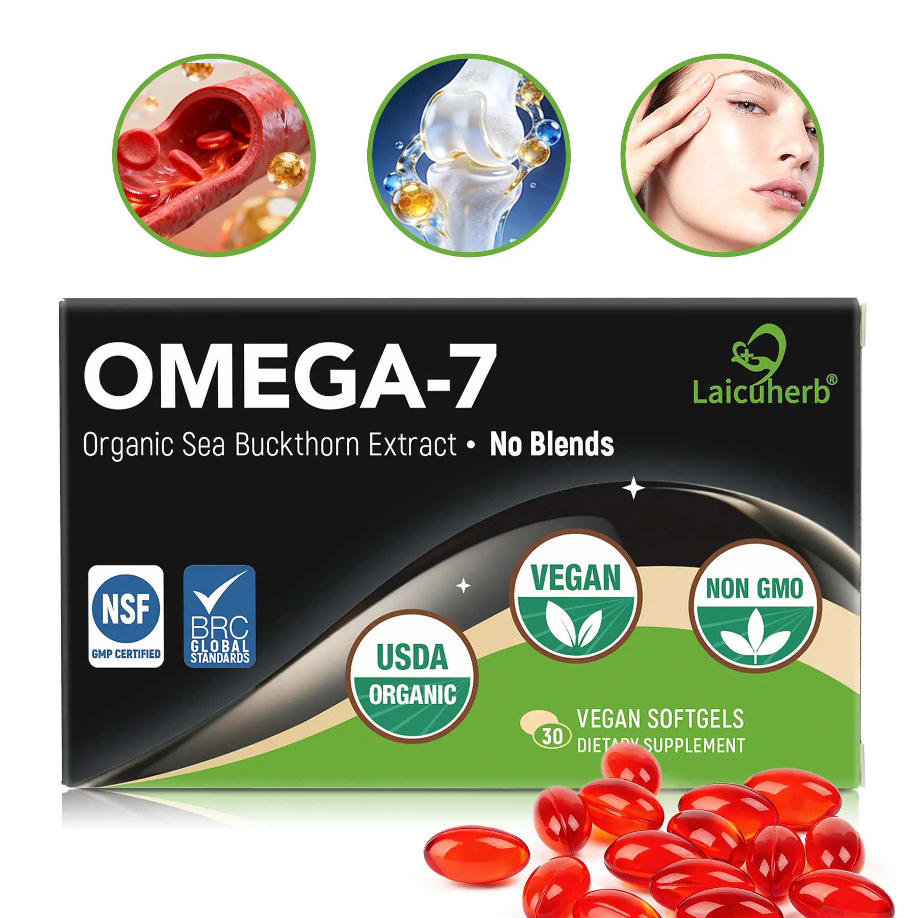 Omega 3 6 7 9 Sea Buckthorn Oil Capsules, Supports Heart & Skin & Immune,  Seabuckthorn Supplements for Adult Overall Wellness, 30 Softgels