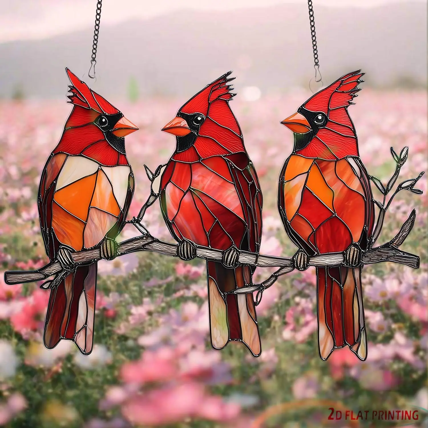 Cardinal Design Sun Catcher, 2D Acrylic Floral Wreath Window Hanging, Bird Theme Gift for Friends, Indoor & Outdoor Lawn & Garden Accessories