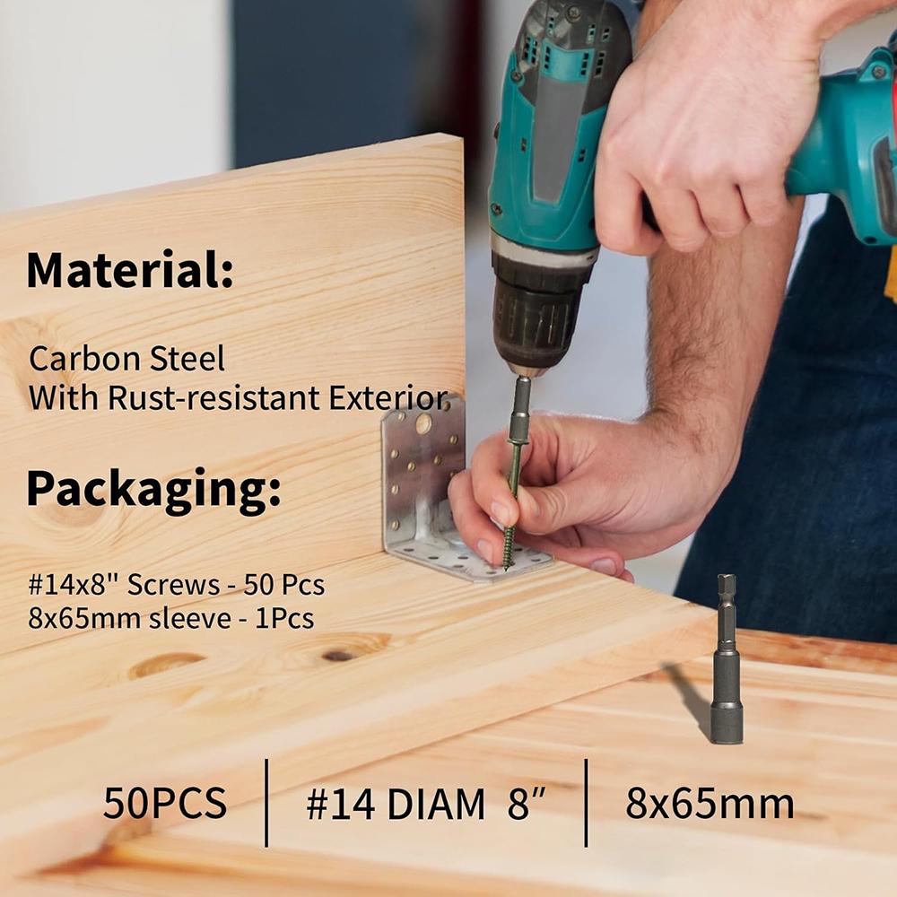 #14 Hex Drive Green Structural Wood Screws, 50PCS/Pack, Heavy Duty Rustproof Deck Fasteners for Outdoor Projects (3-1/4", 8", 10" Sizes Available)